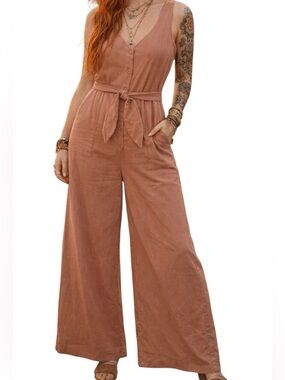 Old Navy Linen Blend Cami Jumpsuit Dusty Pink Tie Waist Wide Leg Boho Large